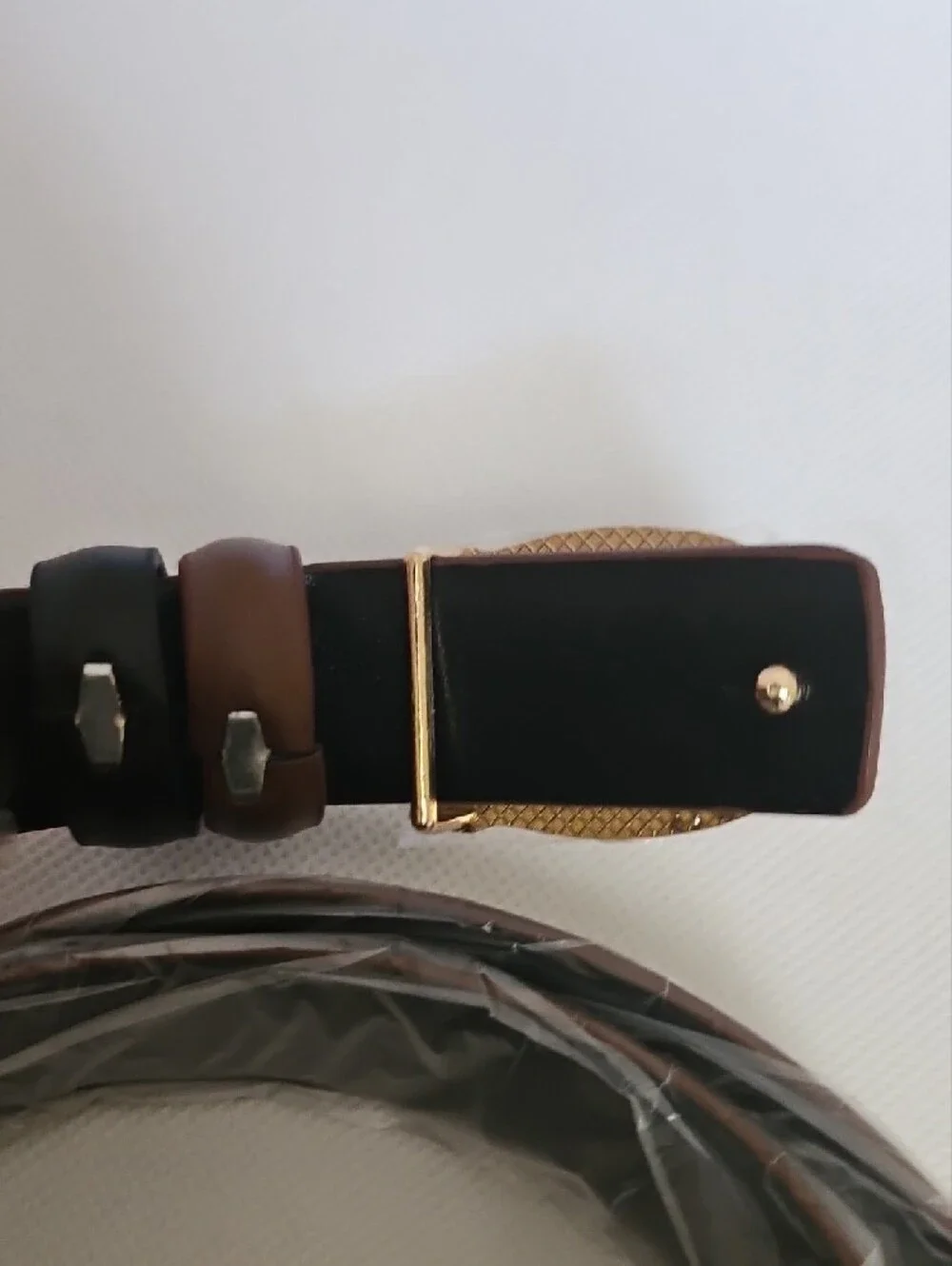 Brown Black Leather Belt with Gold C-Shaped Buckle